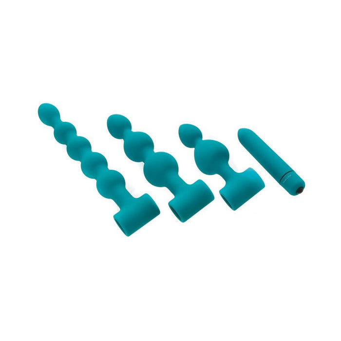 The Bumpy 3-Piece Beaded Anal Plug Set with Vibrating Bullet, featuring three teal silicone anal plugs of varying shapes and sizes plus a smooth vibrating bullet, is displayed on a white background.