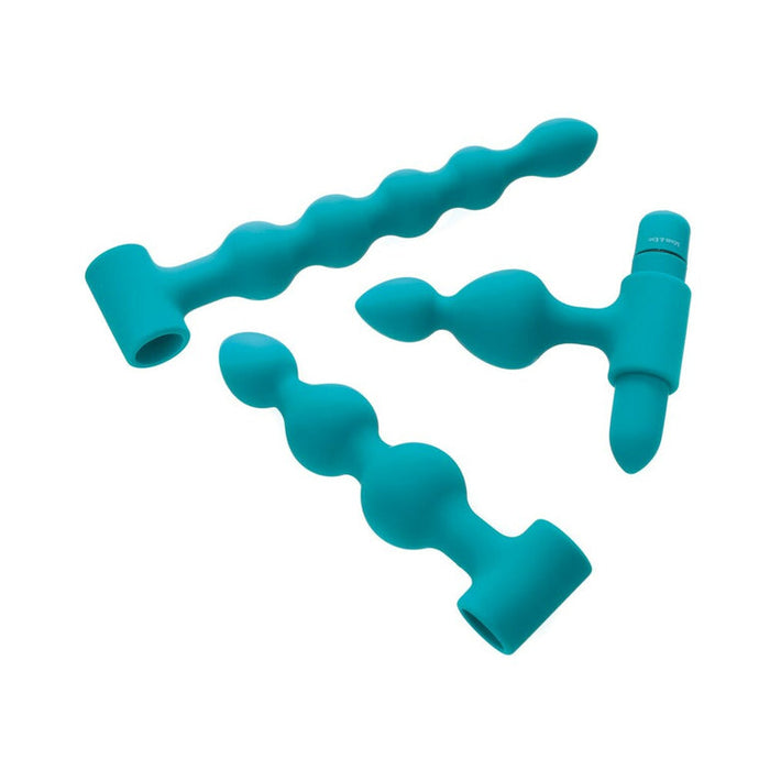 The Bumpy 3-Piece Beaded Anal Plug Set with Vibrating Bullet features three teal silicone plugs of different shapes and textures, displayed on a white background. One plug includes a small vibrating bullet for extra stimulation.