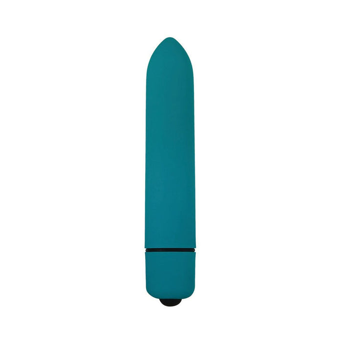 The Bumpy 3-Piece Beaded Anal Plug Set features a teal vibrating bullet with a rounded tip and smooth cylindrical shape, shown vertically against a white background.