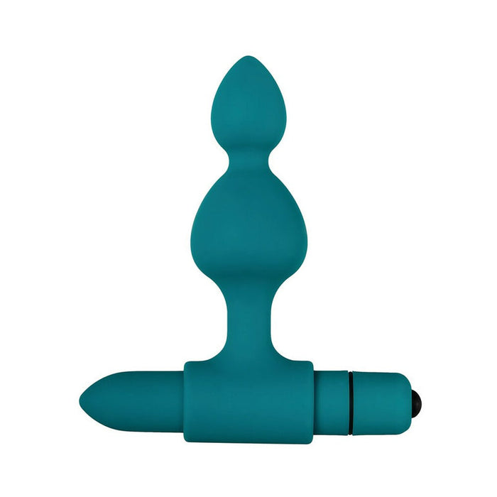 The Bumpy 3-Piece Beaded Anal Plug Set with Vibrating Bullet features teal silicone plugs with tapered tips, bulbous midsections, and a removable vibrating bullet at the base—perfect for enhancing any anal play collection.