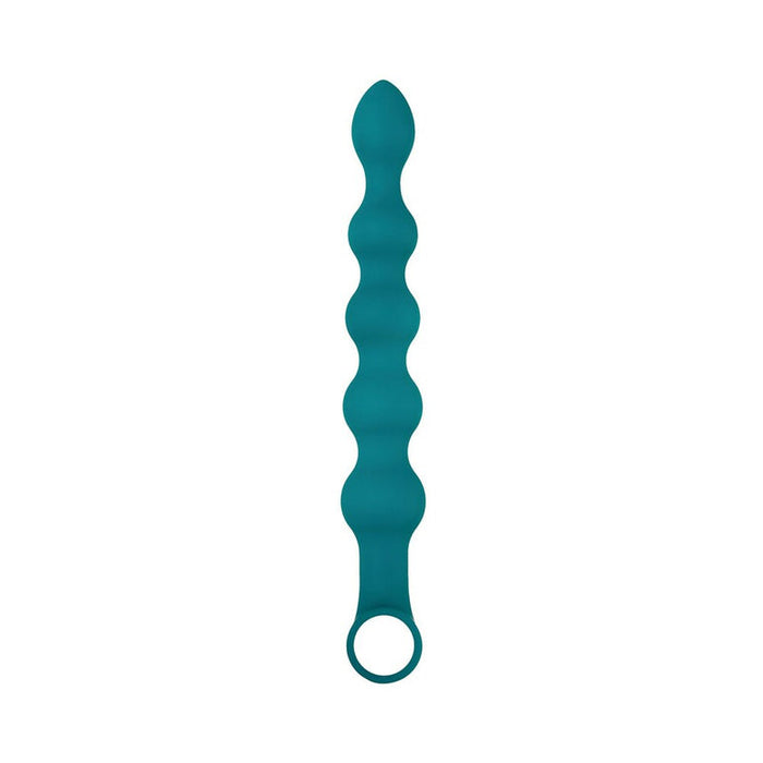 The Bumpy 3-Piece Beaded Anal Plug Set with Vibrating Bullet features a string of graduated teal silicone beads with a tapered tip and circular handle, displayed against a white background.