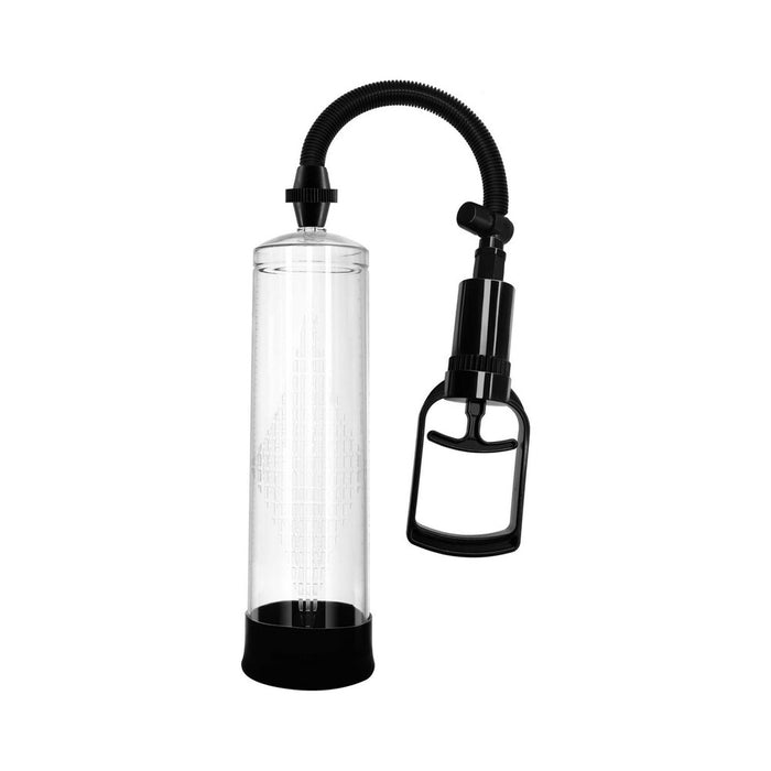The Performance Starter Penis Pump for Firmer Erections is a transparent cylindrical device with a black base, flexible hose, and black hand pump handle, shown on a white background.
