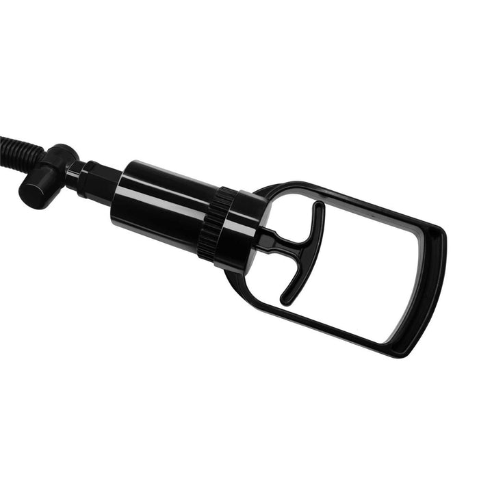A close-up of the Performance Starter Penis Pump for Firmer Erections, featuring a black U-shaped handle and side hose. Set against a white background, this vacuum device is designed to enhance erections.