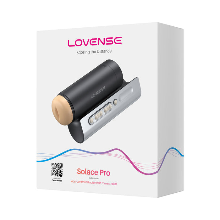 A white box showcases the Lovense Solace Pro AI Powered Thrusting Masturbator with Remote Control. The packaging features an image of the device, the Lovense logo, and the tagline "Closing the Distance.