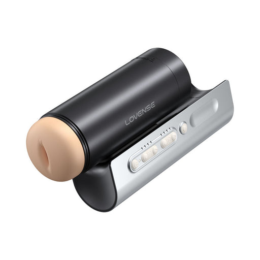 The Lovense Solace Pro is a black and silver AI-powered thrusting masturbator with a soft beige opening, side control buttons, and remote control sync-thrusting technology for interactive adult use.