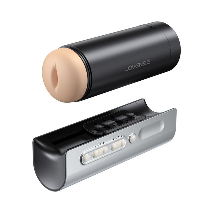 The Lovense Solace Pro AI Powered Thrusting Masturbator with Remote Control, in black and beige, features a cylindrical design and a separate button-and-slider panel for interactive pleasure.