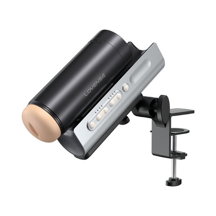 The Lovense Solace Pro AI Powered Thrusting Masturbator, in black and silver with a flesh-colored opening, features side control buttons and an adjustable clamp mount for hands-free pleasure on any surface. Remote control included.
