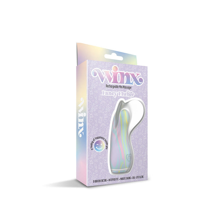A boxed Fancy Flutter Squishy Waterproof Silicone Vibrator in pastel colors, with soft purple packaging, white text, and a clear window showing the squishy silicone vibrator inside.