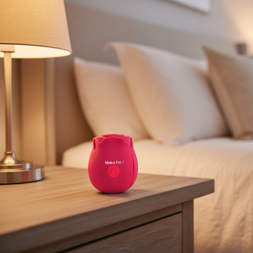 The Ravishing Suction Rose Clitoral Air Pulsation Vibrator, a pink rose-shaped silicone toy, rests on a wooden nightstand beside a lamp, with a neatly made bed in the softly lit bedroom background.