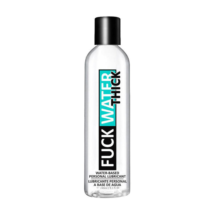 The 240ml Fuck Water Thick Cushioning Water Based Lubricant comes in a clear bottle with a black cap, bold blue "WATER" text, and features an ultra-thick, body-safe formula.
