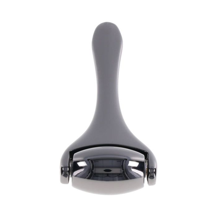 The Ex's & Oh's Temperature Play Sensory Roller is a gray handheld massager with a smooth handle and metal roller head, ideal for facial care or temperature play. Shown on a white background.