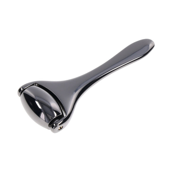 The Ex's & Oh's Temperature Play Sensory Roller is a sleek black metal facial roller with a curved handle and smooth rounded head, ideal for skincare massage or temperature play, shown on a white background.
