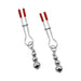 These two metal nipple clamps with red rubber tips and dangling silver balls are a bold addition to the Sensual Scarlet Nights Beginner Bondage Collection for Curious Couples. Shown against a white background.