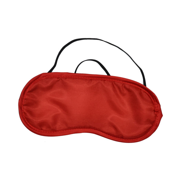 The Sensual Scarlet Nights Beginner Bondage Collection for Curious Couples features a red satin sleep mask with black elastic straps, perfect for adding intrigue to your intimate moments.