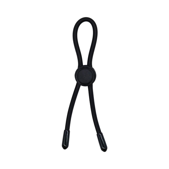 The Family Jewels Penis Ring Variety Pack is shown against a white background, featuring a black silicone loop with plastic-capped ends joined at the center by a round connector.