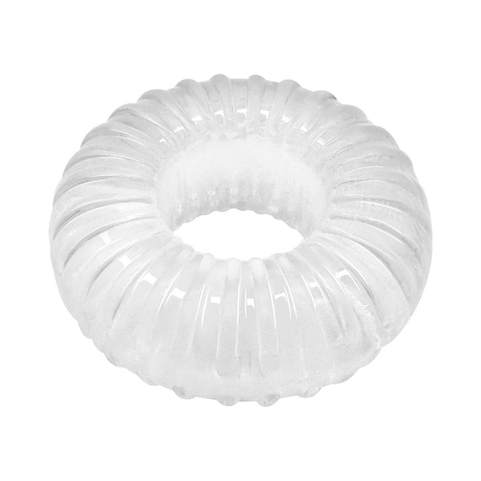 The Family Jewels Penis Ring Variety Pack features clear, donut-shaped rings with ridged, textured surfaces and hollow centers, resembling enhancer rings or coiled hair ties—ideal as stylish decorative accessories.