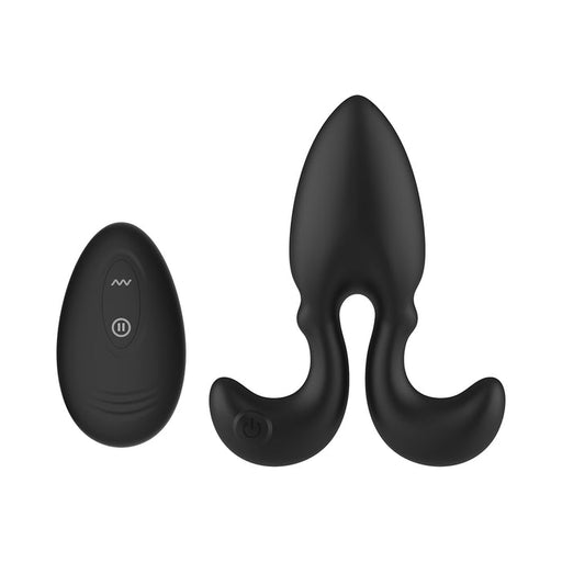 The Omega Vibrating Butt Plug with Remote Control is a black silicone plug with two curved extensions, shown next to its matching remote featuring two buttons.