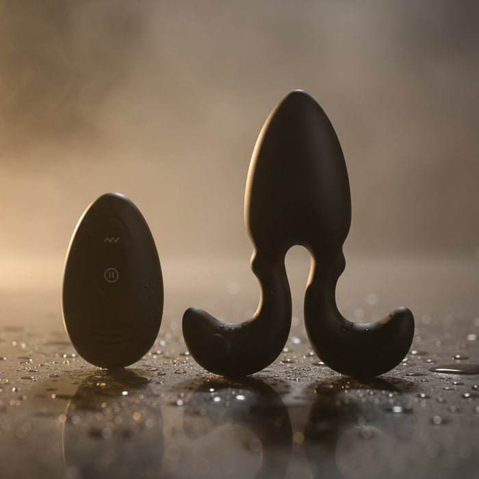 The Omega Vibrating Butt Plug with Remote Control is a black liquid silicone plug featuring two curved arms and a power button, paired with a matching oval-shaped wireless remote—ideal for comfortable, hands-free anal play.
