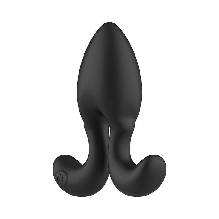 The Omega Vibrating Butt Plug with Remote Control features black liquid silicone, a bulbous tip, curved dual arms, and a power button on one arm. Designed for anal play, it's displayed against a white background.