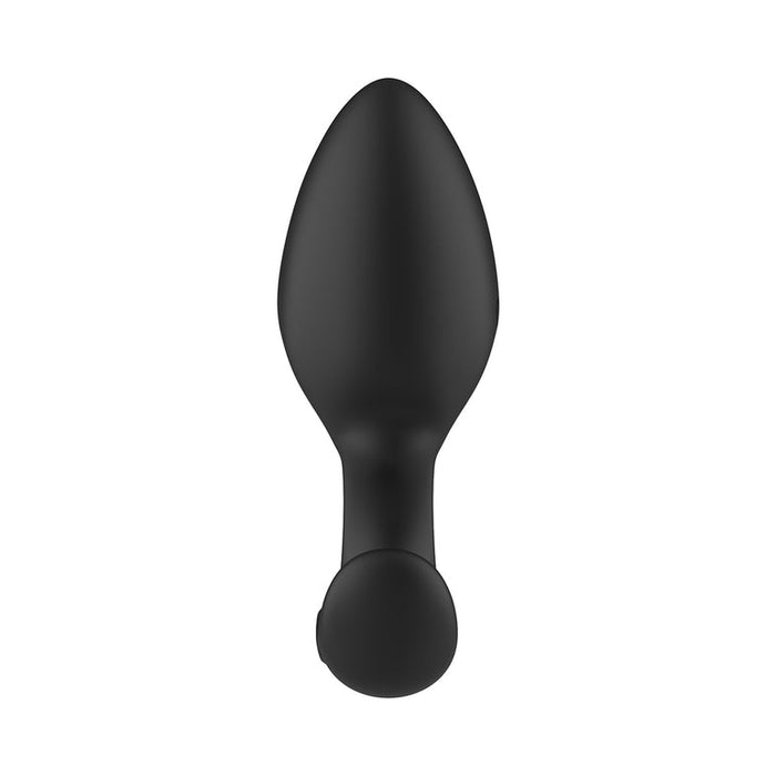 The Omega Vibrating Butt Plug with Remote Control is a black liquid silicone plug featuring a tapered tip and slightly flared base, designed for anal play and shown against a white background.