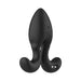 The Omega Vibrating Butt Plug with Remote Control is a black liquid silicone prostate massager featuring a bulbous tip, curved ergonomic base, and end control buttons. Certification markings are visible on its smooth surface against a white background.