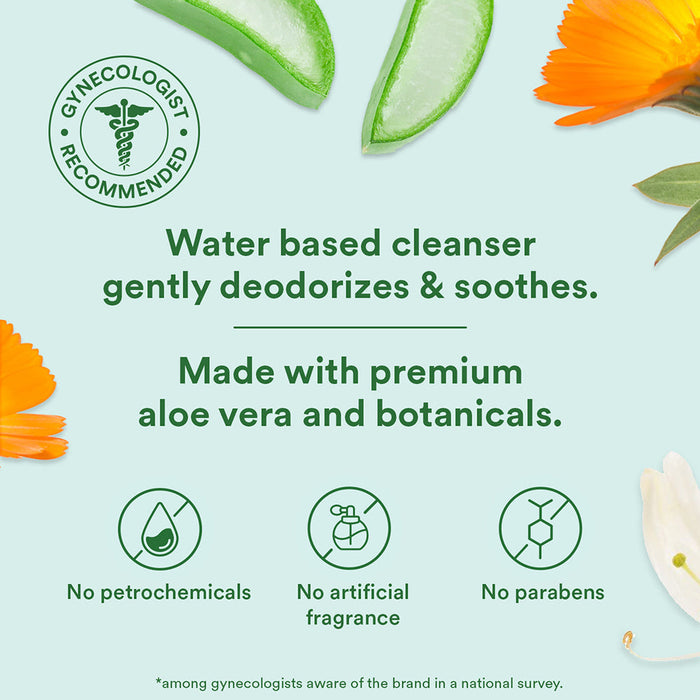 Promotional image for Good Clean Love Balance Personal Moisturizing & Cleansing Wipes 30 ct, a water-based, pH balanced wipe with aloe vera and botanical illustrations. Gynecologist-recommended, soothes and deodorizes. No petrochemicals, artificial fragrance or parabens.