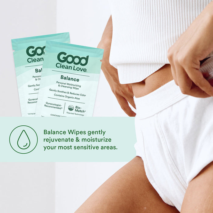 A person in white underwear stands beside two packages of Good Clean Love Balance Personal Moisturizing & Cleansing Wipes 30 ct, with a text box noting these pH balanced wipes gently rejuvenate and moisturize sensitive areas.