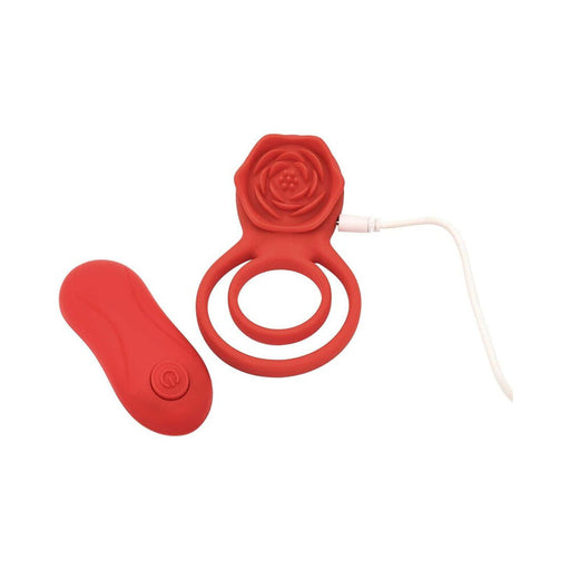 The Rose Vibrating Couples' Cock Ring, featuring a red double-ring design and charging cable, is shown next to its matching red wireless remote with power button on a white background.