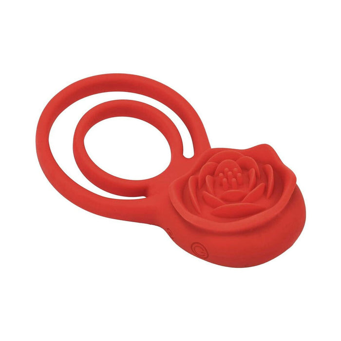 The Rose Vibrating Couples' Cock Ring is a red silicone double-ring toy with a rose-shaped vibrating tip, combining comfort and style for couples.