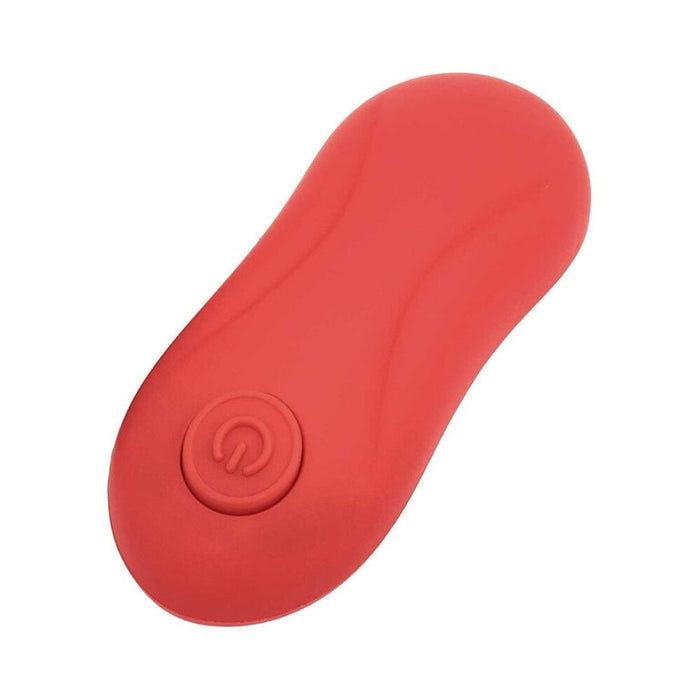 The Rose Vibrating Couples' Cock Ring is a red, oval silicone device with a raised power button on one end and a double-ring design, shown against a white background.