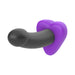 The Bananapants Kissi Dildo Base with Lips and Tongue is a black, curved silicone toy with a rounded tip and a purple, heart-shaped base featuring lips and a tongue, shown against a white background.