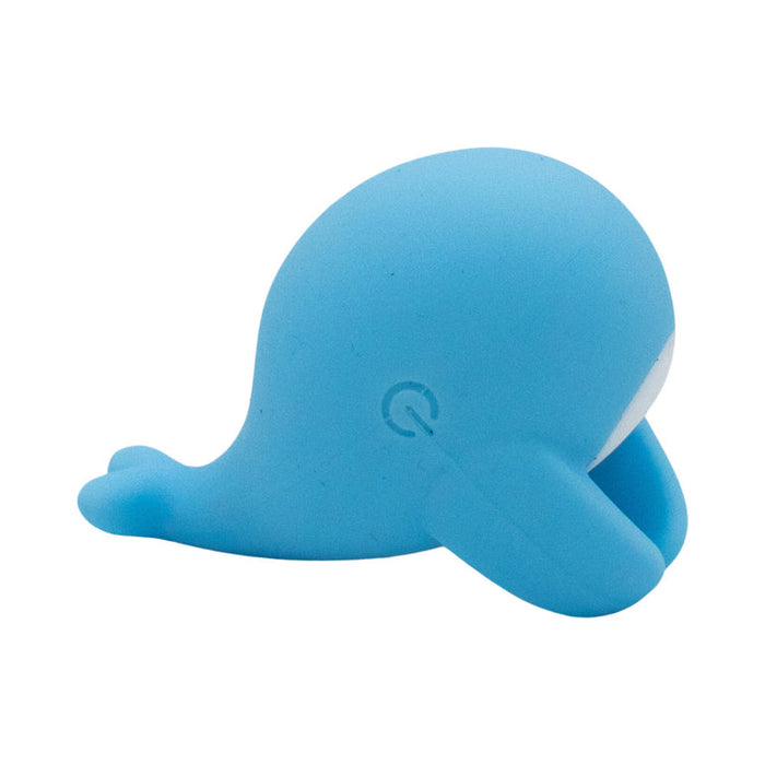 The Heavenly Humpback Waterproof Finger Bullet Vibrator features a sleek, rounded blue design with gentle curves and smooth lines, discreetly shaped like a small whale with flippers, shown from the side on a white background.