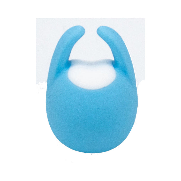 The Heavenly Humpback Waterproof Finger Bullet Vibrator is a compact, smooth blue silicone toy shaped like a rounded cap with two curved horns on top, shown against a plain white background.