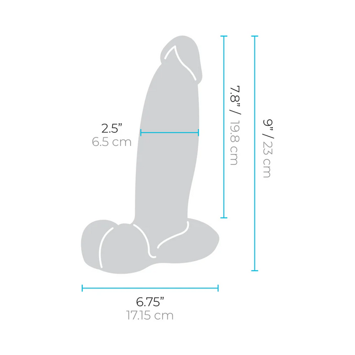 Outline diagram of the b-Vibe Slipskin Realistic 9 Inch Girthy Silicone Dildo - Caramel: 2.5" (6.5 cm) diameter, 7.8" (19.8 cm) insertable length, 9" (23 cm) total length, 6.75" (17.15 cm) base width; strap-on harness compatible.