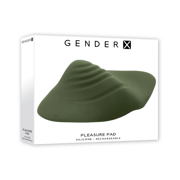 A white box with "GENDER X" branding showcases the Gender X Pleasure Pad Rechargeable Grinding Pad & Stroker, a green, ridged, waterproof pad crafted from flexible silicone. The box reads "Pleasure Pad" and "Silicone. Rechargeable.