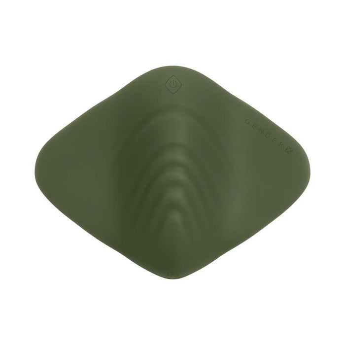 The Gender X Pleasure Pad Rechargeable Grinding Pad & Stroker is a flat, olive green silicone pad with gentle ridges, a diamond-patterned center, and "GENDERX" embossed near the edge; it's waterproof for versatile pleasure.