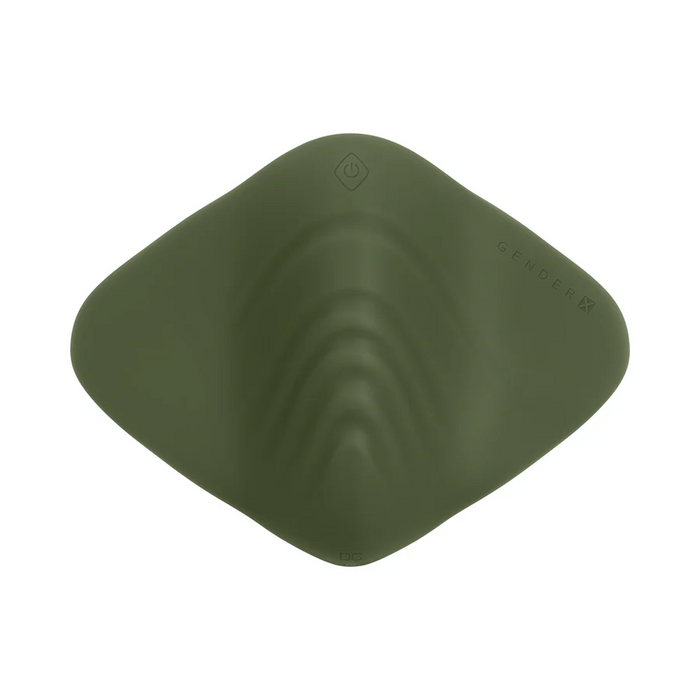 The Gender X Pleasure Pad Rechargeable Grinding Pad & Stroker is a flat, olive green silicone pad with gentle ridges, a diamond-patterned center, and "GENDERX" embossed near the edge; it's waterproof for versatile pleasure.