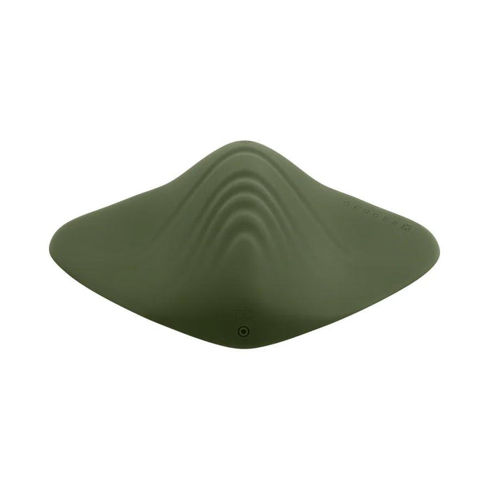 The Gender X Pleasure Pad Rechargeable Grinding Pad & Stroker is a green, smooth silicone insert with a wave-like, contoured design and "GENDER X" embossed on the upper right side.