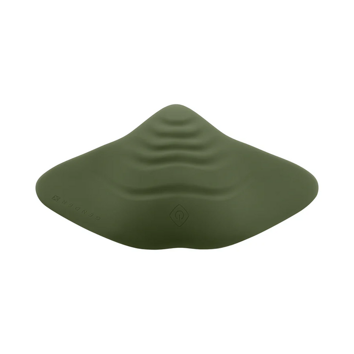 The Gender X Pleasure Pad Rechargeable Grinding Pad & Stroker is a green, flat, waterproof silicone pad with a wavy textured top, central raised ridge, and a power button icon on its surface.