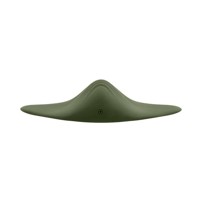 The Gender X Pleasure Pad Rechargeable Grinding Pad & Stroker is a green, smooth, curved device shaped like a stealth aircraft or manta ray, shown front-on against a white background with a “DC” button below the center ridge.