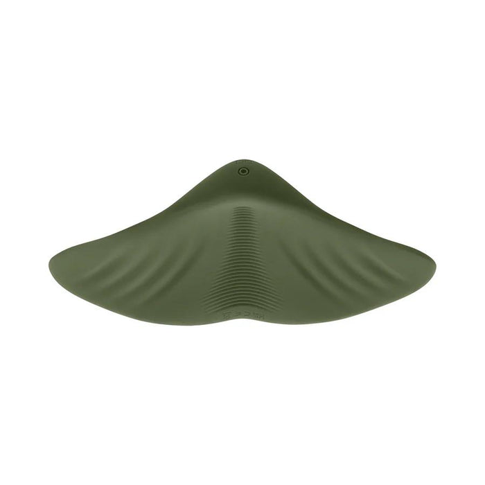 The olive green Gender X Pleasure Pad Rechargeable Grinding Pad & Stroker has a manta ray shape, smooth curved edges, subtle center ridges, and is crafted from flexible silicone, shown from above on a white background.