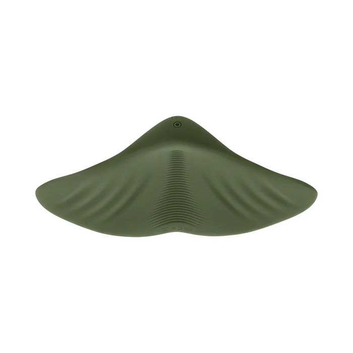 The olive green Gender X Pleasure Pad Rechargeable Grinding Pad & Stroker has a manta ray shape, smooth curved edges, subtle center ridges, and is crafted from flexible silicone, shown from above on a white background.