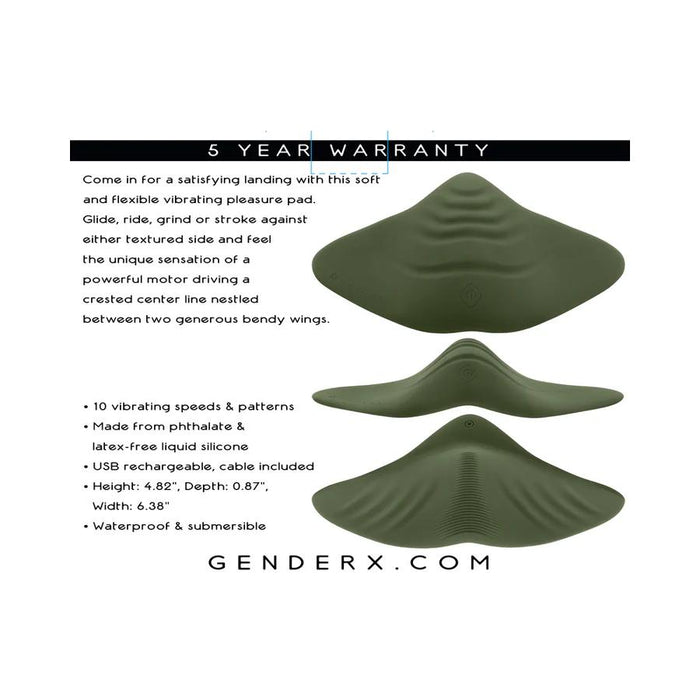 The olive green Gender X Pleasure Pad Rechargeable Grinding Pad & Stroker is shown from multiple angles, highlighting 10 vibration speeds, flexible silicone design, USB rechargeability, waterproof build, and a 5-year warranty. GenderX.com branding is displayed below.