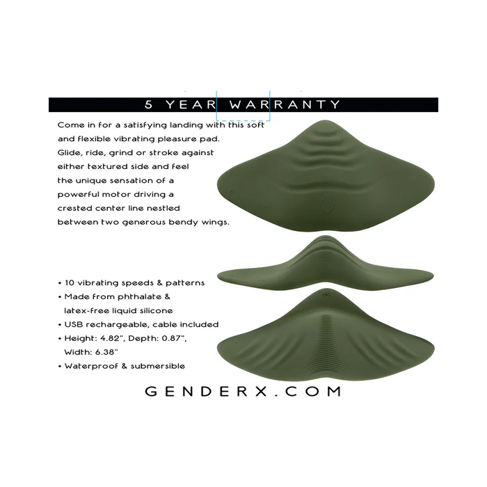 The olive green Gender X Pleasure Pad Rechargeable Grinding Pad & Stroker is shown from multiple angles, highlighting 10 vibration speeds, flexible silicone design, USB rechargeability, waterproof build, and a 5-year warranty. GenderX.com branding is displayed below.