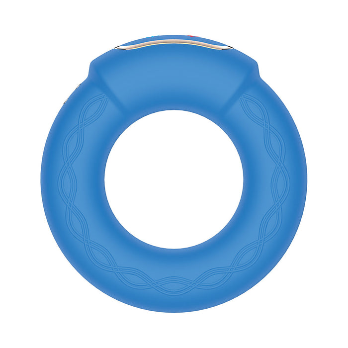 The Royale Warming Vibrating Cock Ring for Couples, unlike a blue inflatable swim ring with wavy patterns, is designed for intimate pleasure with warming and vibrating features.