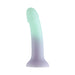 The Ombre Curve Liquid Silicone 6 Inch Slim Dildo features a pastel ombré fade from light green to light purple, a realistic shape, flared suction cup base for easy use and safety—ideal for G-Spot stimulation.