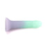 The Ombre Curve Liquid Silicone 6 Inch Slim Dildo features a pastel ombré design, fading from light purple to mint green, with a flared suction cup base for G-Spot stimulation, shown on a white background.