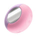 The Pout & Play Double Ended Vibrator with Licking Tongue is a discreet pink and lavender oval-shaped beauty case featuring a central reflective surface and several raised buttons on its side.