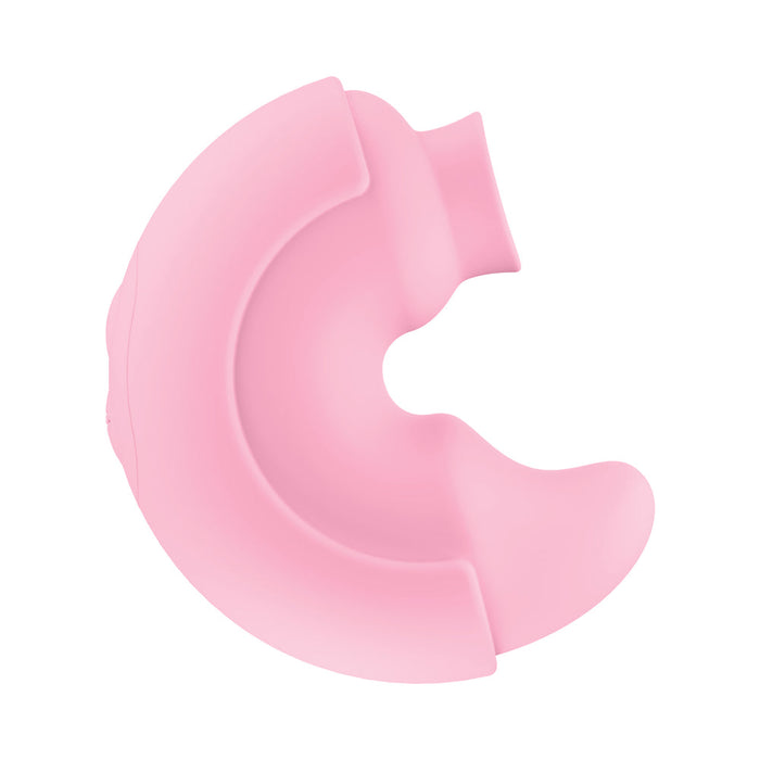 The Pout & Play Double Ended Vibrator with Licking Tongue is a pink, crescent-shaped silicone toy with a smooth surface and an opening at one end for clitoral stimulation, shown against a white background.