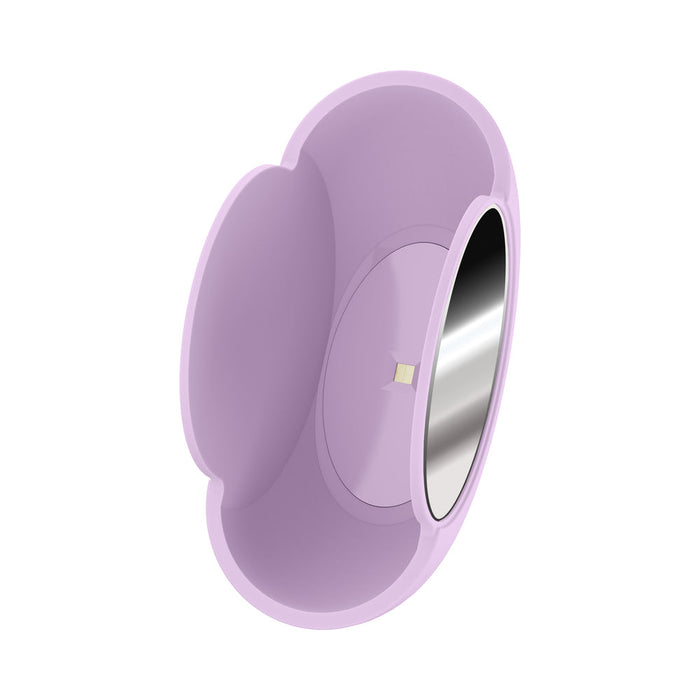 The Pout & Play Double Ended Vibrator with Licking Tongue is a light purple, kidney-shaped device with smooth edges and a reflective silver strip, designed for pleasure and shown on a white background.